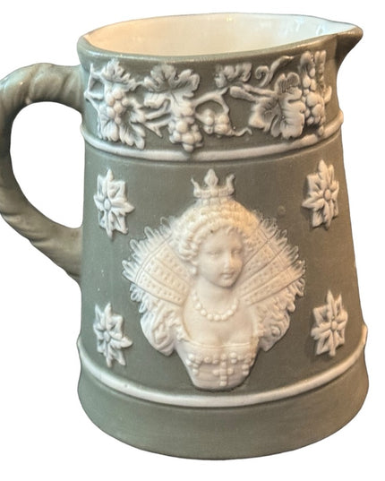 Shafer & Vater Green and White Bisque Pottery Small Creamer Queen Royal Image