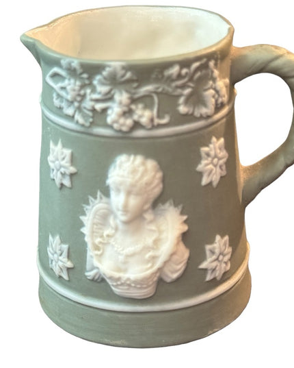 Shafer & Vater Green and White Bisque Pottery Small Creamer Queen Royal Image