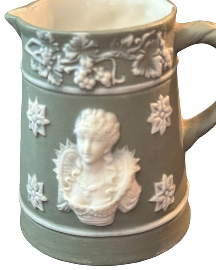 Shafer & Vater Green and White Bisque Pottery Small Creamer Queen Royal Image