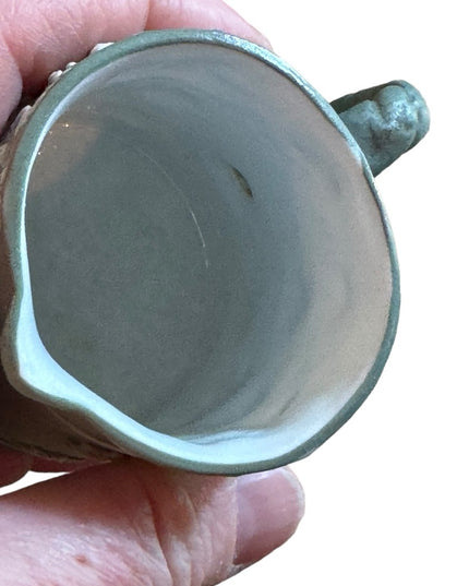 Shafer & Vater Green and White Bisque Pottery Small Creamer Queen Royal Image