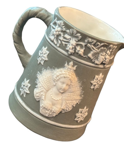 Shafer & Vater Green and White Bisque Pottery Small Creamer Queen Royal Image