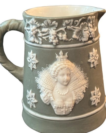 Shafer & Vater Green and White Bisque Pottery Small Creamer Queen Royal Image