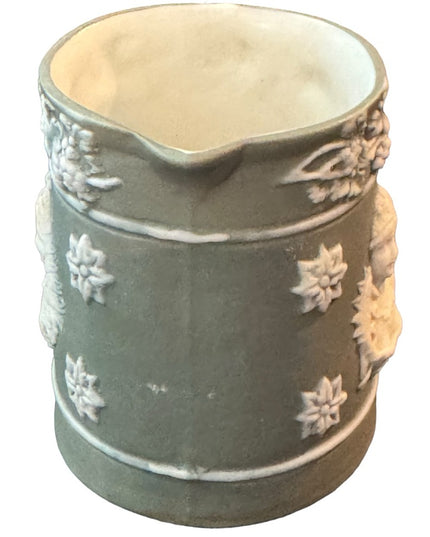 Shafer & Vater Green and White Bisque Pottery Small Creamer Queen Royal Image