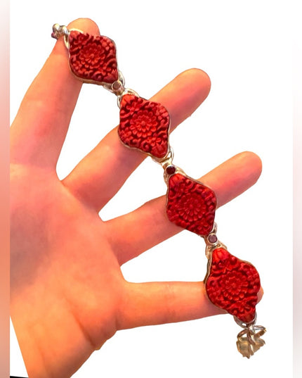 SAJEN Sterling Silver 925 CINNABAR Link BRACELET Carved Flower Toggle RED GARNET