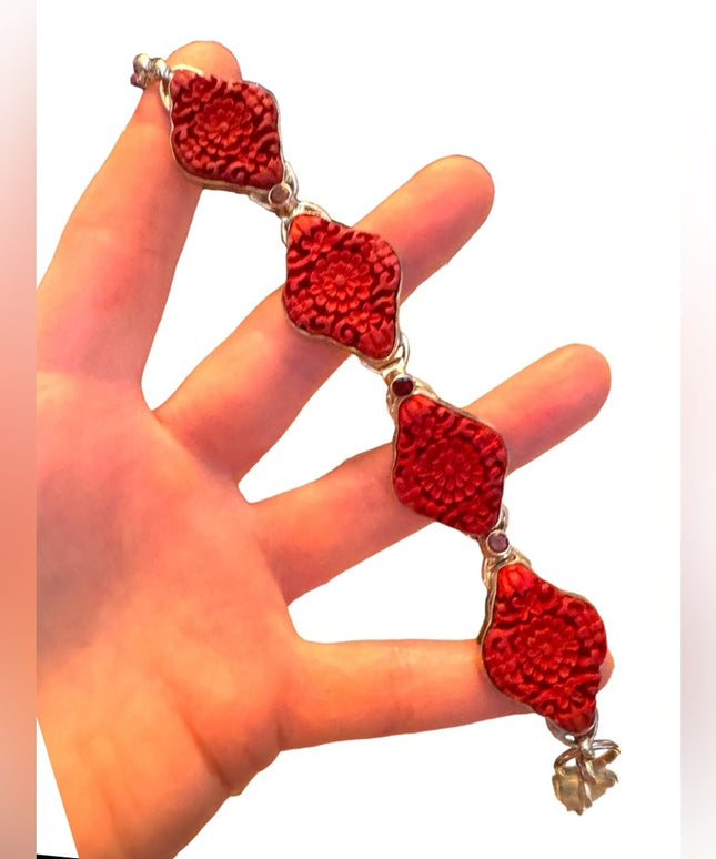 SAJEN Sterling Silver 925 CINNABAR Link BRACELET Carved Flower Toggle RED GARNET