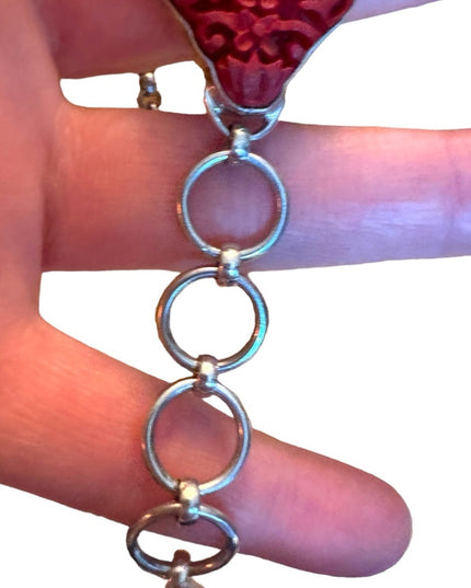 SAJEN Sterling Silver 925 CINNABAR Link BRACELET Carved Flower Toggle RED GARNET