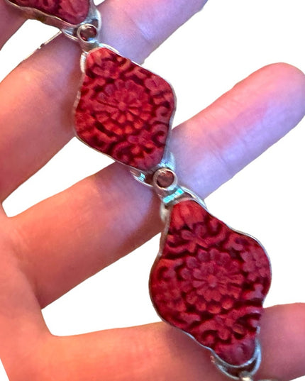 SAJEN Sterling Silver 925 CINNABAR Link BRACELET Carved Flower Toggle RED GARNET
