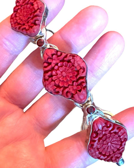 SAJEN Sterling Silver 925 CINNABAR Link BRACELET Carved Flower Toggle RED GARNET