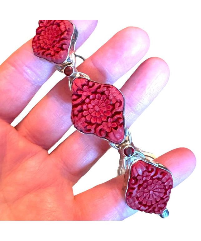 SAJEN Sterling Silver 925 CINNABAR Link BRACELET Carved Flower Toggle RED GARNET