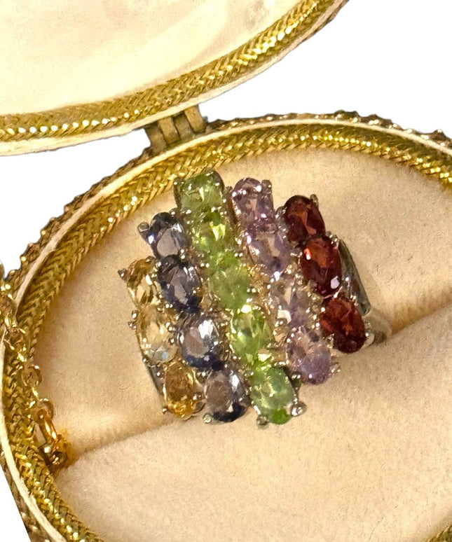 Stunning multi gemstone fancy statement cocktail ring sterling silver 925