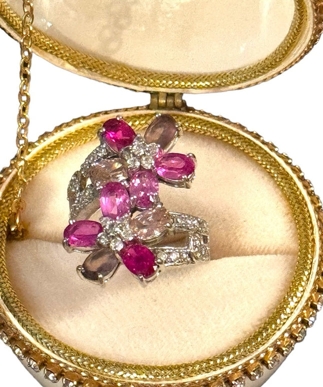 OMG pink sapphire CZ sterling silver 925 cocktail flower ring
