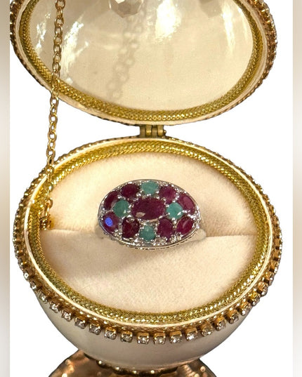 Lovely sterling silver 925 ruby and emerald cluster ring rhodium plated
