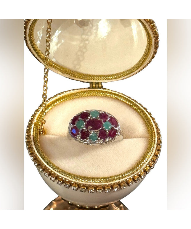 Lovely sterling silver 925 ruby and emerald cluster ring rhodium plated