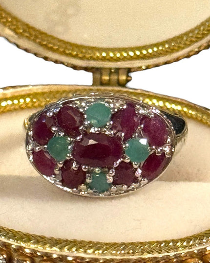 Lovely sterling silver 925 ruby and emerald cluster ring rhodium plated