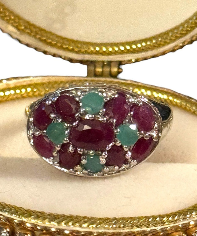 Lovely sterling silver 925 ruby and emerald cluster ring rhodium plated