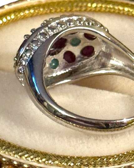 Lovely sterling silver 925 ruby and emerald cluster ring rhodium plated