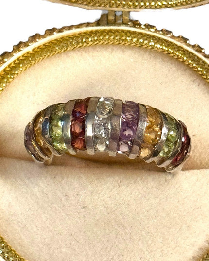 Lovely Sz 10 sterling silver multi gemstone cluster band ring