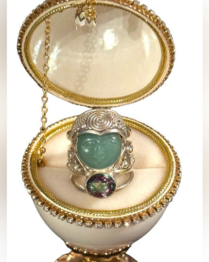 Rare Sajen sterling silver Jadeite & mystic topaz goddess face fancy 925 ring