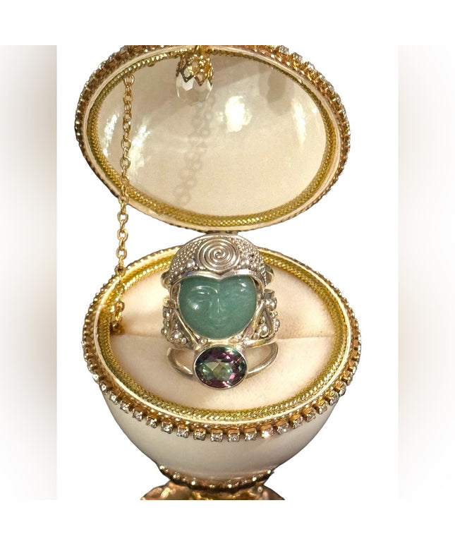 Rare Sajen sterling silver Jadeite & mystic topaz goddess face fancy 925 ring