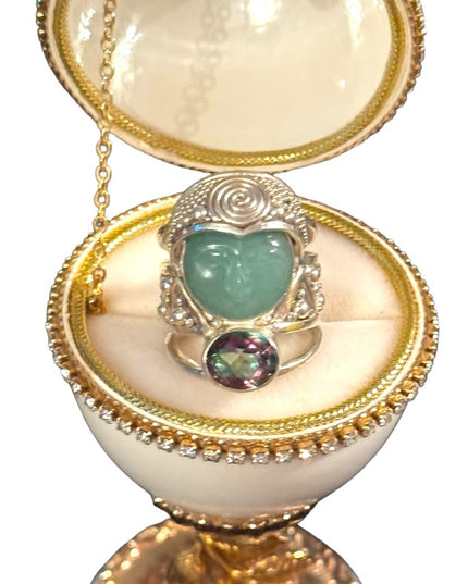 Rare Sajen sterling silver Jadeite & mystic topaz goddess face fancy 925 ring