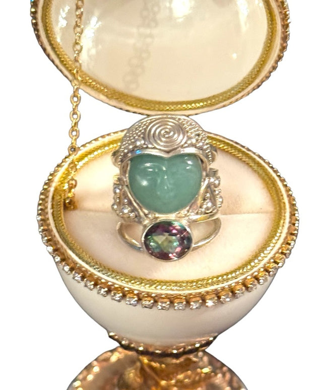 Rare Sajen sterling silver Jadeite & mystic topaz goddess face fancy 925 ring