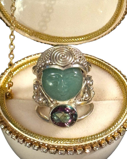 Rare Sajen sterling silver Jadeite & mystic topaz goddess face fancy 925 ring