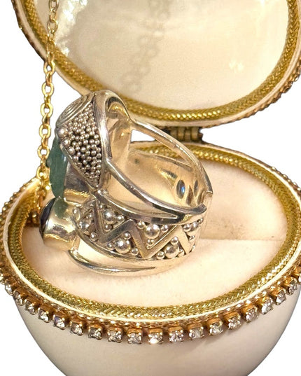 Rare Sajen sterling silver Jadeite & mystic topaz goddess face fancy 925 ring