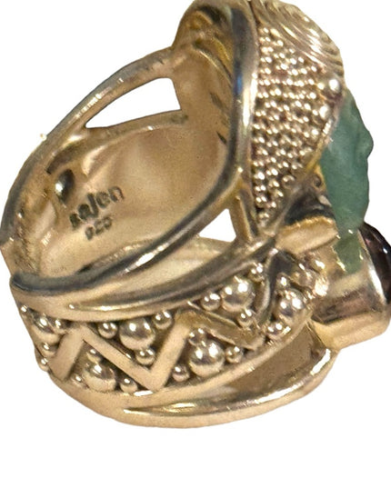 Rare Sajen sterling silver Jadeite & mystic topaz goddess face fancy 925 ring