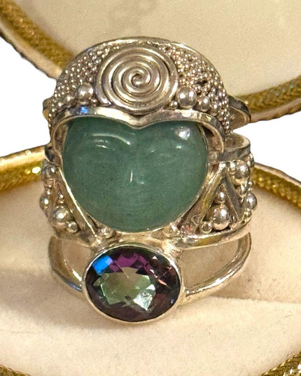 Rare Sajen sterling silver Jadeite & mystic topaz goddess face fancy 925 ring