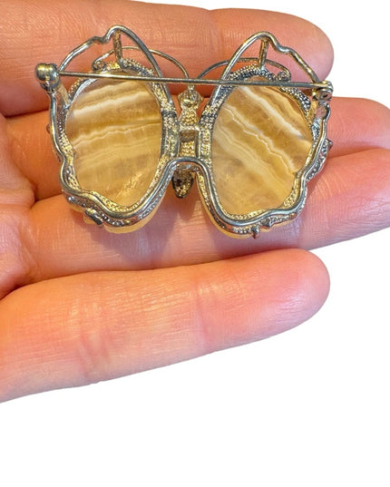 Vintage sterling silver 925 agate butterfly brooch pendant