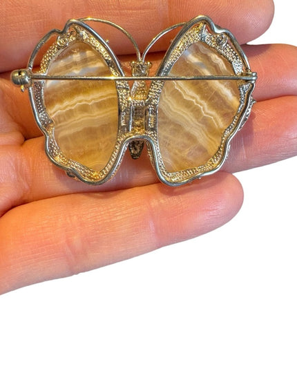 Vintage sterling silver 925 agate butterfly brooch pendant