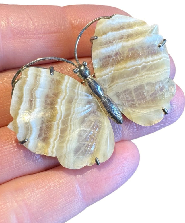 Vintage sterling silver 925 agate butterfly brooch pendant