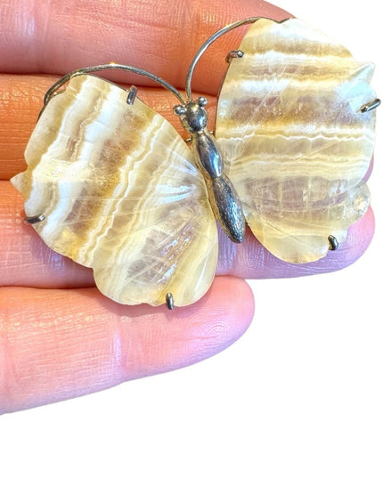 Vintage sterling silver 925 agate butterfly brooch pendant
