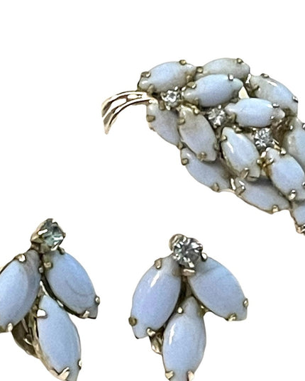 1960s Vintage blue glass clip on earrings & brooch rhinestones silver finish l…
