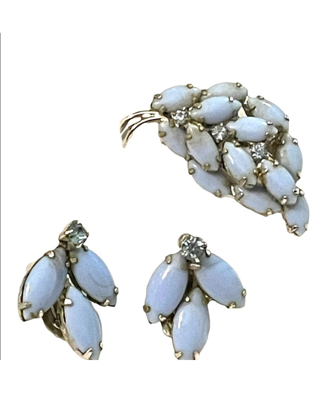 1960s Vintage blue glass clip on earrings & brooch rhinestones silver finish l…