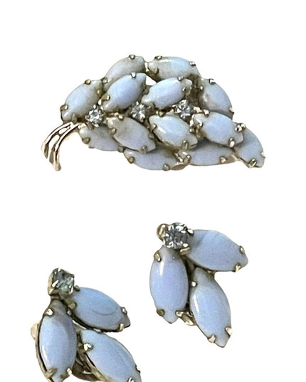 1960s Vintage blue glass clip on earrings & brooch rhinestones silver finish l…