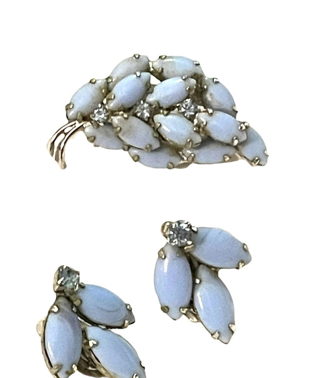 1960s Vintage blue glass clip on earrings & brooch rhinestones silver finish l…