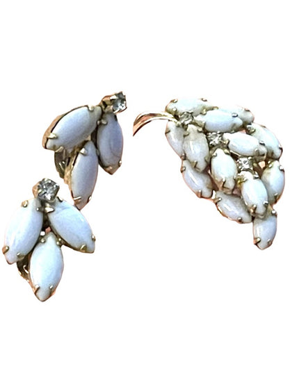 1960s Vintage blue glass clip on earrings & brooch rhinestones silver finish l…