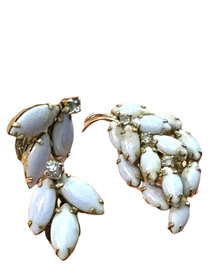1960s Vintage blue glass clip on earrings & brooch rhinestones silver finish l…