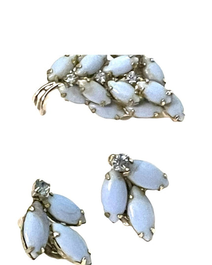 1960s Vintage blue glass clip on earrings & brooch rhinestones silver finish l…