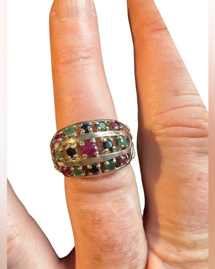 Lovely domed multi gemstone ring ruby sapphire emerald 925 sterling silver