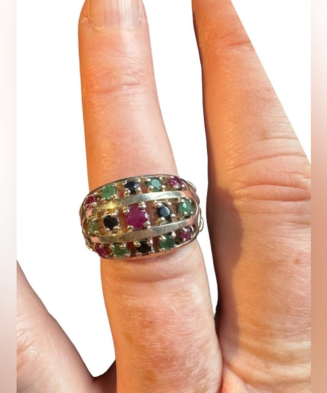 Lovely domed multi gemstone ring ruby sapphire emerald 925 sterling silver