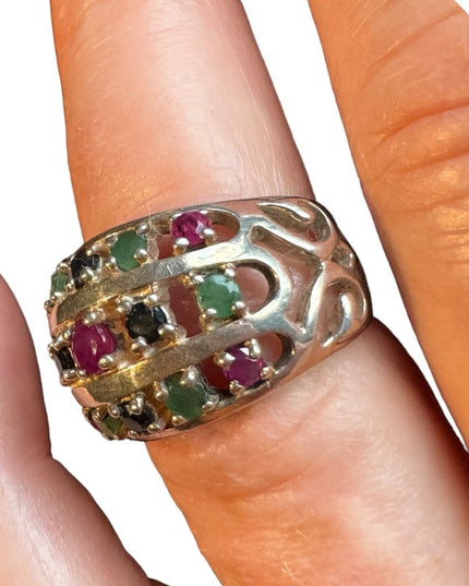 Lovely domed multi gemstone ring ruby sapphire emerald 925 sterling silver