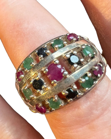 Lovely domed multi gemstone ring ruby sapphire emerald 925 sterling silver