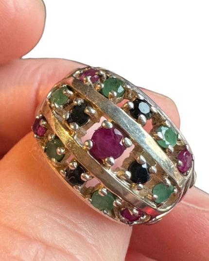 Lovely domed multi gemstone ring ruby sapphire emerald 925 sterling silver