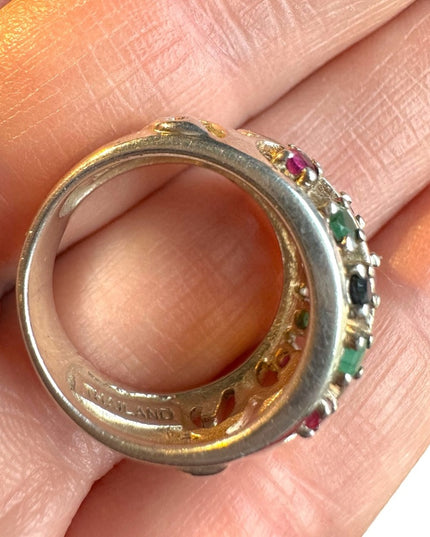 Lovely domed multi gemstone ring ruby sapphire emerald 925 sterling silver