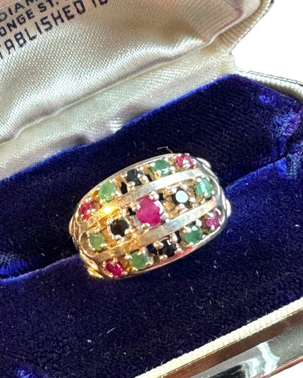 Lovely domed multi gemstone ring ruby sapphire emerald 925 sterling silver