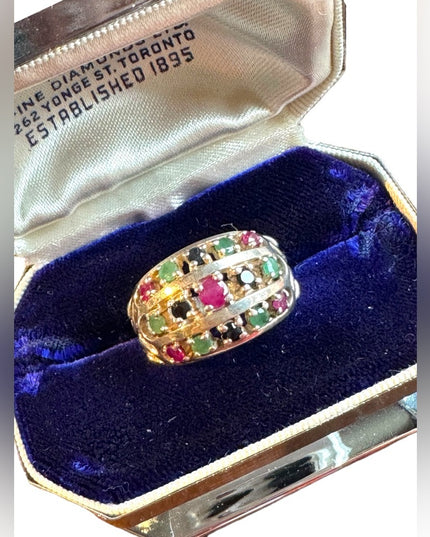 Lovely domed multi gemstone ring ruby sapphire emerald 925 sterling silver