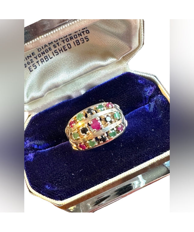 Lovely domed multi gemstone ring ruby sapphire emerald 925 sterling silver