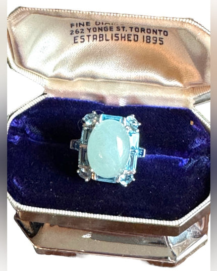 Lovely sterling silver Jadeite & blue topaz 925 fancy dinner statement ring